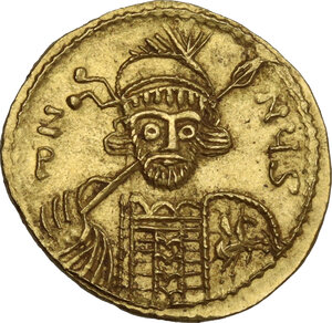obverse: Constantine IV Pogonatus, with Heraclius and Tiberius (668-685).. AV Solidus.  Struck circa 674-681