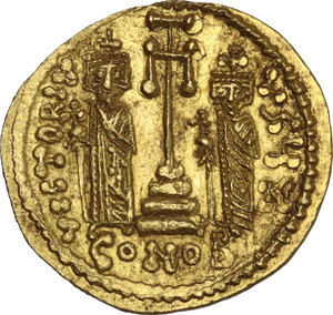 reverse: Constantine IV Pogonatus, with Heraclius and Tiberius (668-685).. AV Solidus.  Struck circa 674-681