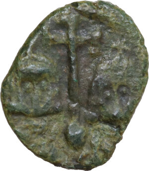 obverse: Justinian II, with Tiberius. Second Reign (705-711).. AE Follis. Ravenna mint. Dated RY 21 or 22 (706/8)