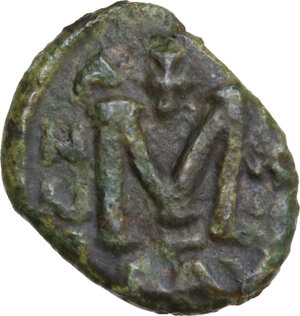 reverse: Justinian II, with Tiberius. Second Reign (705-711).. AE Follis. Ravenna mint. Dated RY 21 or 22 (706/8)