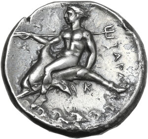 reverse: Southern Apulia, Tarentum. AR Nomos, c. 344-340 BC