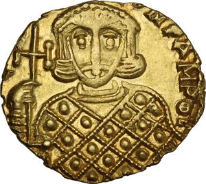 reverse: Constantine V Copronymus with Leo IV (741-775).. AV Solidus, Syracuse mint. Struck 751-775