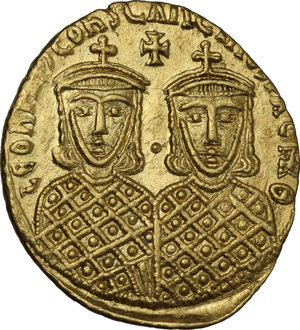 reverse: Leo IV the Khazar, with Constantine VI, Leo III and Constantine V (775-780).. AV Solidus, Constantinople mint. Struck 778-780