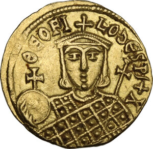 reverse: Michael II the Amorian, with Theophilus (820-829).. AV Solidus. Constantinople mint. Struck 821-829 AD