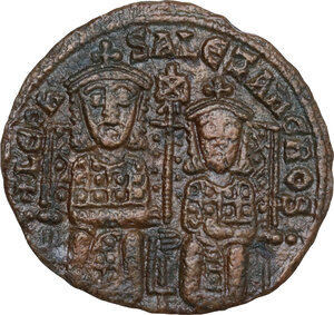 obverse: Leo VI the Wise, with Alexander (886-912).. AE Follis. Constantinople mint