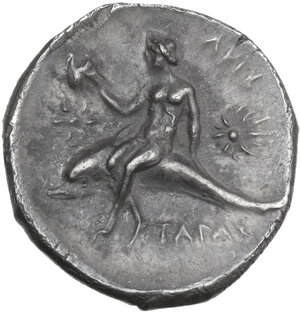 reverse: Southern Apulia, Tarentum. AR Nomos, c. 280-272 BC