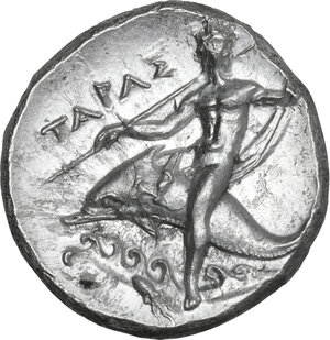 reverse: Southern Apulia, Tarentum. AR Nomos, c. 240-228 BC. Reduced standard. Xenokrates, magistrate