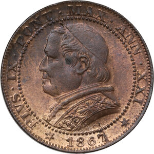 obverse: Roma.  Pio IX  (1846-1878), Giovanni Mastai Ferretti.. Mezzo Soldo A. XXI 1867