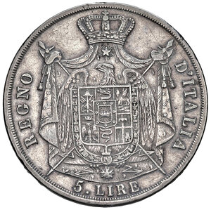 reverse: Milano. Napoleone I re d Italia (1805-1814). Da 5 lire 1809 AG. MIR 490/2. Rara. Colpetto sul ciglio del rov. alle ore 7, altrimenti BB