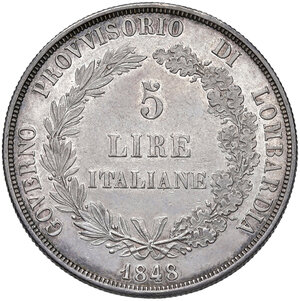 obverse: Milano. Governo provvisorio di Lombardia (1848). Da 5 lire 1848 AG. MIR 527/1. Buon BB