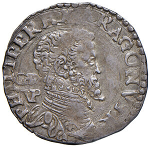 obverse: Napoli. Filippo II di Spagna (1554-1598). II periodo: re di Spagna, 1556-1598. Tarì (sigle GR/VP) AG gr. 5,92. MIR 175/2. Magliocca 47. Patina di medagliere, BB  