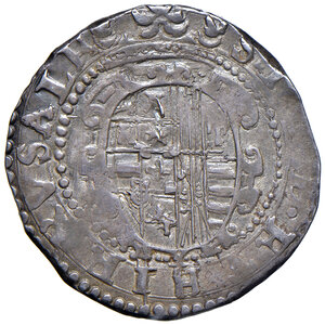 reverse: Napoli. Filippo II di Spagna (1554-1598). II periodo: re di Spagna, 1556-1598. Tarì (sigle GR/VP) AG gr. 5,92. MIR 175/2. Magliocca 47. Patina di medagliere, BB  