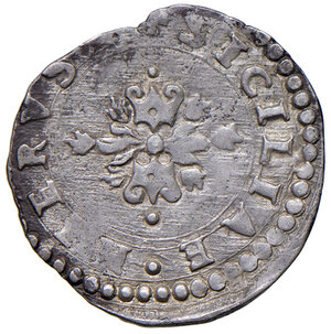 reverse: Napoli. Filippo II di Spagna (1554-1598). II periodo: re di Spagna, 1556-1598. Mezzo carlino (sigle MAL/CI) AG gr. 1,32. MIR 185/2. Magliocca 85. Raro. Buon BB  