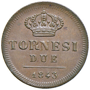 reverse: Napoli. Ferdinando II di Borbone (1830-1859). Da 2 tornesi 1843 CU. MIR 528/3. Magliocca 735. SPL