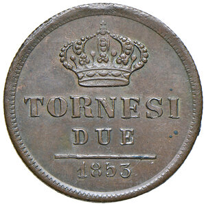 reverse: Napoli. Ferdinando II di Borbone (1830-1859). Da 2 tornesi 1853 CU. MIR 528/9. Magliocca 741. Più di SPL