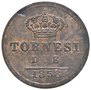 reverse: Napoli. Ferdinando II di Borbone (1830-1859). Da 2 tornesi 1858 CU. MIR 528/14. Magliocca 746. Rara. Iridescenze rosse, SPL