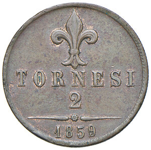 reverse: Napoli. Francesco II di Borbone (1859-1860).  Da 2 tornesi 1859 CU. MIR 542. Magliocca 812. SPL