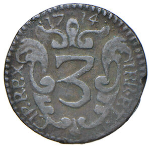 reverse: Palermo. Vittorio Amedeo III di Savoia (1713-1718). Da 3 piccioli 1714 AE gr. 2,76. MIR (Casa Savoia) 903b. Raro. BB