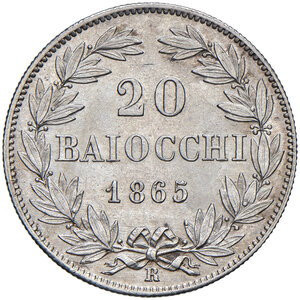 reverse: Roma. Pio IX (1846-1878). Da 20 baiocchi 1865 anno XIX AG. Pagani 426a. MIR 3157/2. Rara. q.FDC