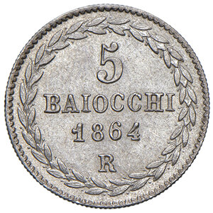 reverse: Roma. Pio IX (1846-1878). Da 5 baiocchi 1864 anno XIX AG. Pagani 470. MIR 3156/14. Rara. FDC