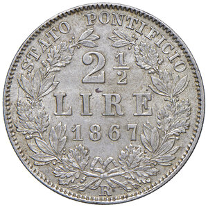 reverse: Roma. Pio IX (1846-1878). Monetazione decimale, 1866-1870. Da 2,5 lire 1867 anno XXI AG. Pagani 552. MIR 3166/1. SPL