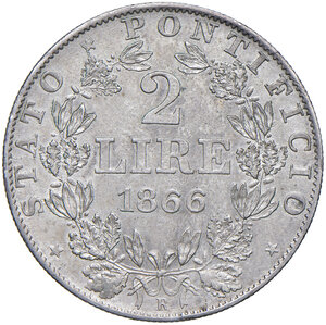 reverse: Roma. Pio IX (1846-1878). Monetazione decimale, 1866-1870. Da 2 lire 1866 anno XX AG. Pagani 556. MIR 3167/3. q.FDC