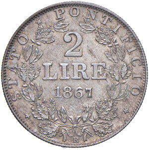 reverse: Roma. Pio IX (1846-1878). Monetazione decimale, 1866-1870. Da 2 lire 1867 anno XXII AG. Pagani 558. MIR 3167/5. q.FDC