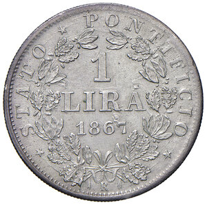 reverse: Roma. Pio IX (1846-1878). Monetazione decimale, 1866-1870. Lira 1867 anno XXI AG. Pagani 569. MIR 3168/7. q.FDC