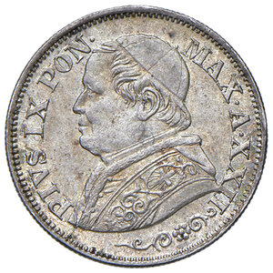 obverse: Roma. Pio IX (1846-1878). Monetazione decimale, 1866-1870. Da 10 soldi 1868 anno XXII AG. Pagani 580. MIR 3169/4. Delicata patina, FDC