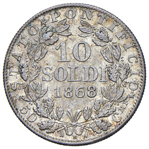 reverse: Roma. Pio IX (1846-1878). Monetazione decimale, 1866-1870. Da 10 soldi 1868 anno XXII AG. Pagani 580. MIR 3169/4. Delicata patina, FDC
