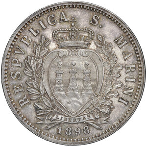 obverse: San Marino. Repubblica. Prima monetazione (1864-1938). Da 5 lire 1898 AG. Pagani 357. Segnetti nei campi del rov., altrimenti migliore di SPL