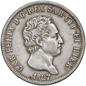 obverse: Savoia. Carlo Felice (1821-1831). Da 5 lire 1827 (Genova) AG. MIR 1035j. Buon BB
