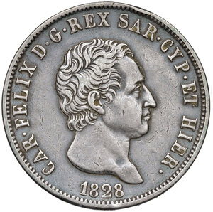 obverse: Savoia. Carlo Felice (1821-1831). Da 5 lire 1828 (Genova) AG. MIR 1035j. Colpetto sul ciglio al dr., altrimenti buon BB