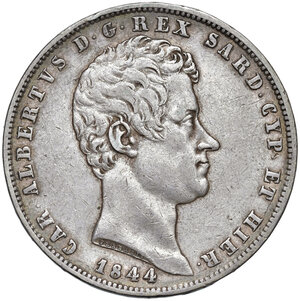 obverse: Savoia. Carlo Alberto (1831-1849). Da 5 lire 1844 (Genova) AG. MIR 1047ad. BB/Buon BB