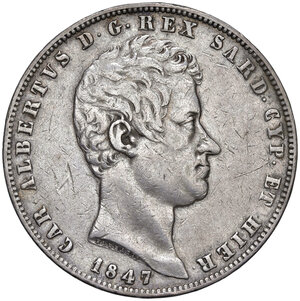 obverse: Savoia. Carlo Alberto (1831-1849). Da 5 lire 1847 (Genova) AG. MIR 1047aj. Colpetti nei campi del dr., altrimenti BB