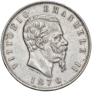 obverse: Savoia. Vittorio Emanuele II re d Italia (1861-1878). Da 5 lire 1870 (Roma) AG. MIR 1082j. Rara. Segnetti, altrimenti buon BB
