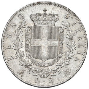 reverse: Savoia. Vittorio Emanuele II re d Italia (1861-1878). Da 5 lire 1874 (Milano) AG. MIR 1082t. Graffietto sulla guancia al dr., altrimenti q.FDC