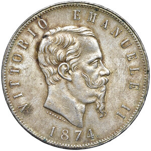 obverse: Savoia. Vittorio Emanuele II re d Italia (1861-1878). Da 5 lire 1874 (Milano) AG. MIR 1082t. Bella patina di medagliere, SPL