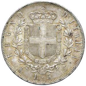 reverse: Savoia. Vittorio Emanuele II re d Italia (1861-1878). Da 5 lire 1874 (Milano) AG. MIR 1082t. Bella patina di medagliere, SPL
