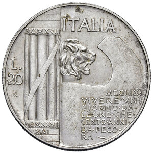 reverse: Savoia. Vittorio Emanuele III re d Italia (1900-1946). Da 20 lire 1928/VI AG. Elmetto. MIR 1129a. Colpetto sul ciglio del dr. alle ore 12, altrimenti SPL