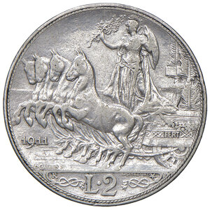 reverse: Savoia. Vittorio Emanuele III re d Italia (1900-1946). Da 2 lire 1911 AG. Quadriga veloce. MIR 1140c. Molto rara. q.BB