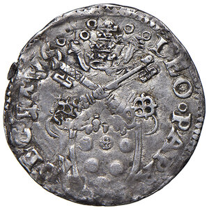 obverse: Ancona. Leone X (1513-1521). Mezzo giulio AG gr. 1,80. Muntoni 81. Berman 676. Dubbini-Mancinelli pag. 109 (5° tipo). MIR 683/2 (zecca della Marca anconitana: Macerata o Ancona). Villoresi 213b. Raro. q.BB