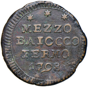 reverse: Fermo. Pio VI (1775-1799). Mezzo baiocco 1798 anno XXIII CU gr. 4,40. Muntoni 324a . Berman 3096. MIR 2911/5. Molto raro. BB