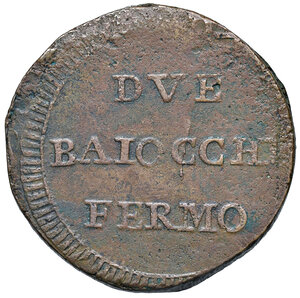 reverse: Fermo. Repubblica Romana (1798-1799). Da 2 baiocchi CU gr. 19,45. Pagani 44 var. Muntoni 41 var. Bruni 11 var. MIR 2915/4 var. Variante con legenda al dritto in circolo stretto intorno a fascio piccolo. Rara. Debolezze di conio, altrimenti buon BB