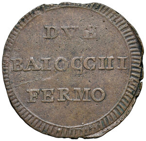 reverse: Fermo. Repubblica Romana (1798-1799). Da 2 baiocchi CU gr. 12,78. Pagani  –. Muntoni  –. Bruni  –. MIR  –. Variante apparentemente inedita con errore di conio recante la legenda BAIOCCIII al rov. BB