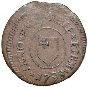 obverse: Fermo. Repubblica Romana (1798-1799). Mezzo baiocco 1798 anno I CU gr. 4,97. Pagani –. Muntoni –. Bruni 10. MIR 2913/2 (Repubblica di Fermo, prima della Repubblica Romana). Molto raro. Debolmente impresso al rov., altrimenti BB