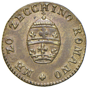 obverse: Pio VI (1775-1799). Peso monetale del mezzo zecchino romano e bolognese AE gr. 1,69. Mazza 678. Raro. SPL