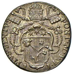 obverse: Pio VI (1775-1799). Peso monetale della mezza doppia da 15 paoli 1776 anno II AE gr. 2,72. Mazza 714. Raro. q.SPL
