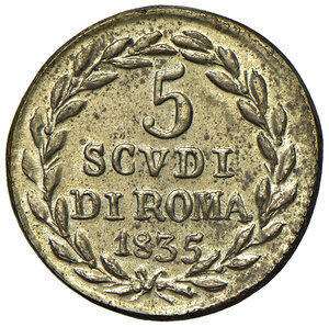 obverse: Gregorio XVI (1831-1846). Peso monetale del 5 scudi 1835 AE gr. 8,61. Mazza 961. Raro. Più di SPL
