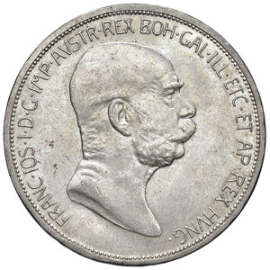 obverse: Austria. Francesco Giuseppe I d Asburgo-Lorena (1848-1916). Da 5 corone 1908 AG. KM 2809. Migliore di SPL